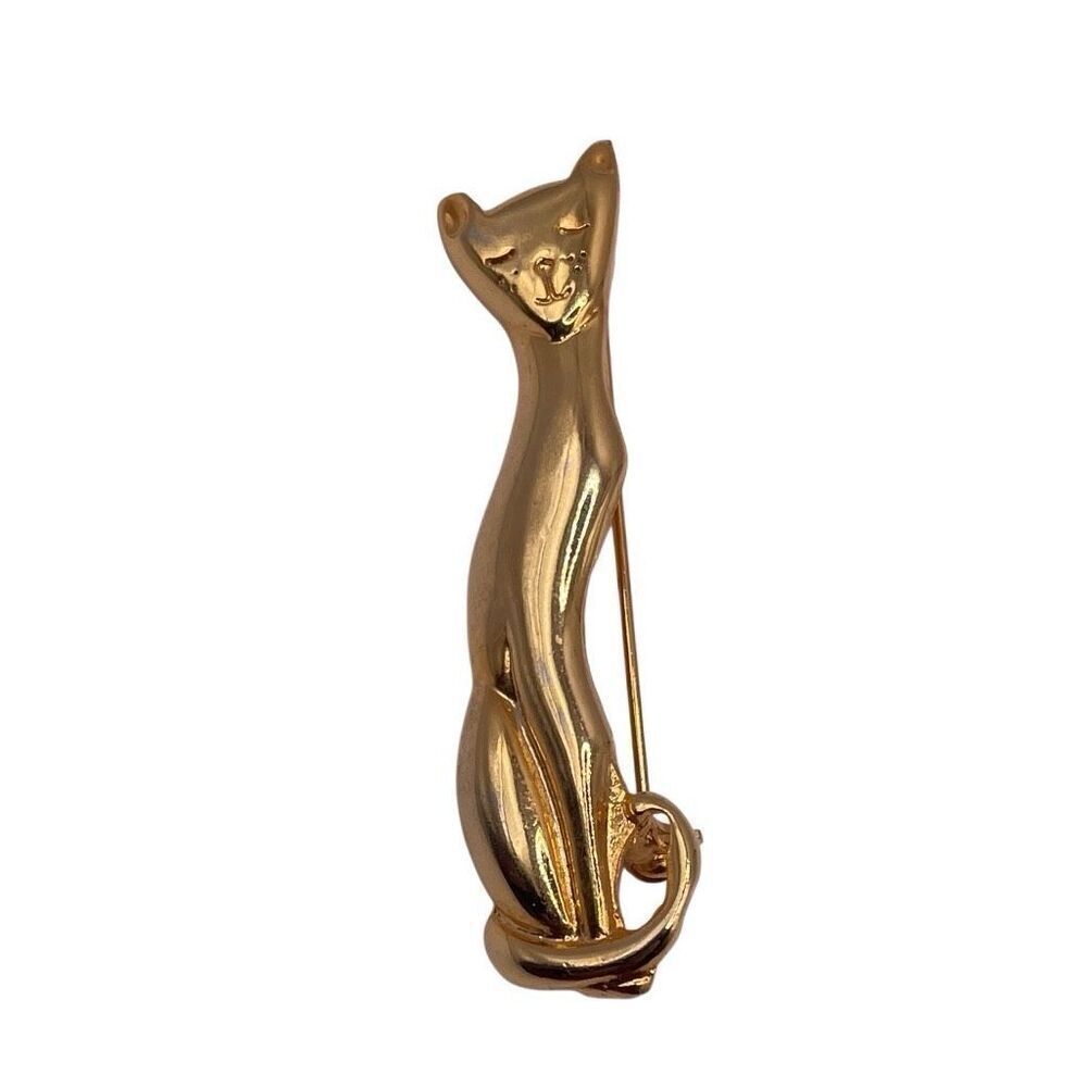 Goldtone Sitting Cat Brooch Pin Vintage 80’s Siamese 2 1/4” Length Cat Lovers